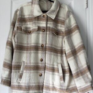 Plaid Button-Front Oversized Shacket Cream & Tan EUC Size XL]